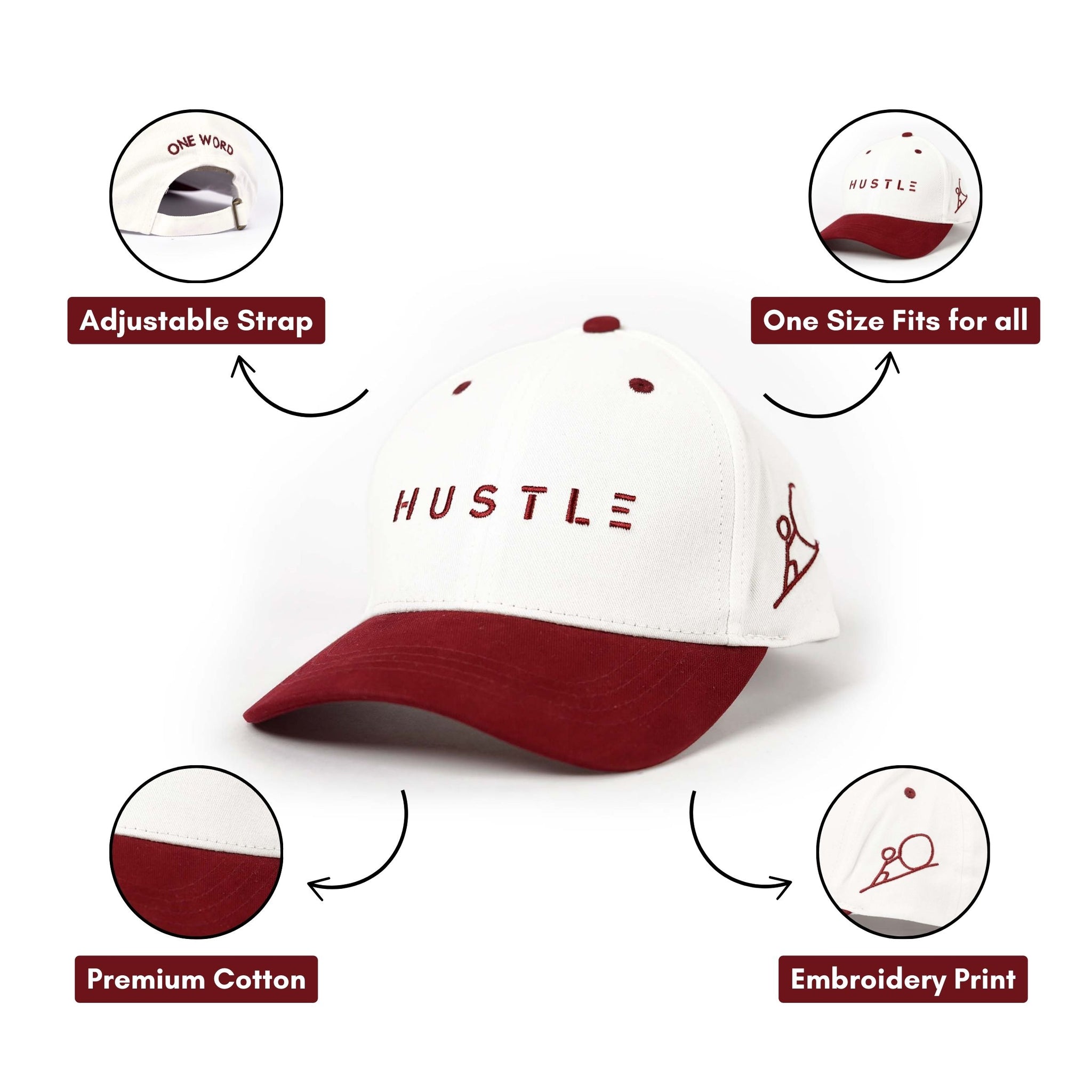 Oneword Baseball Cap Adjustable Size for Running Workouts and Outdoor Activities, Soft Cotton Cap (White & Maroon)