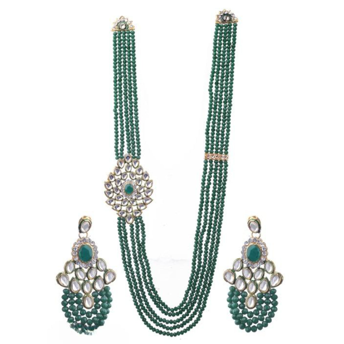 Emerald Green Beaded Kundan Necklace and Earring Set, Gold Accents, Traditional Indian Wedding Jewelry (Set of 2)