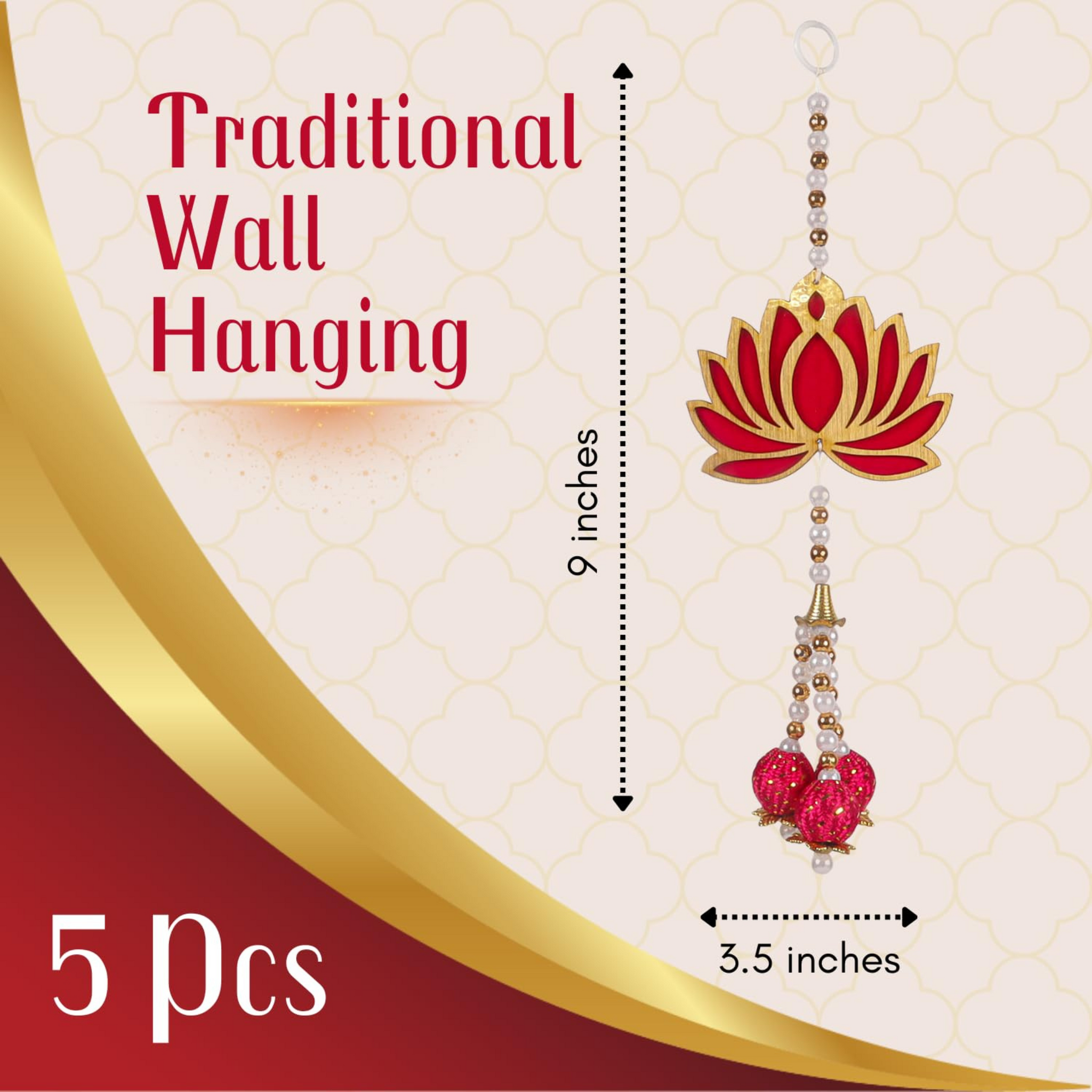 Lotus Wall Hanging Set with Jhumki Style & Beads | 9-Inch Decorative Flower Hangings for Home Décor (Set of 5, Pink)