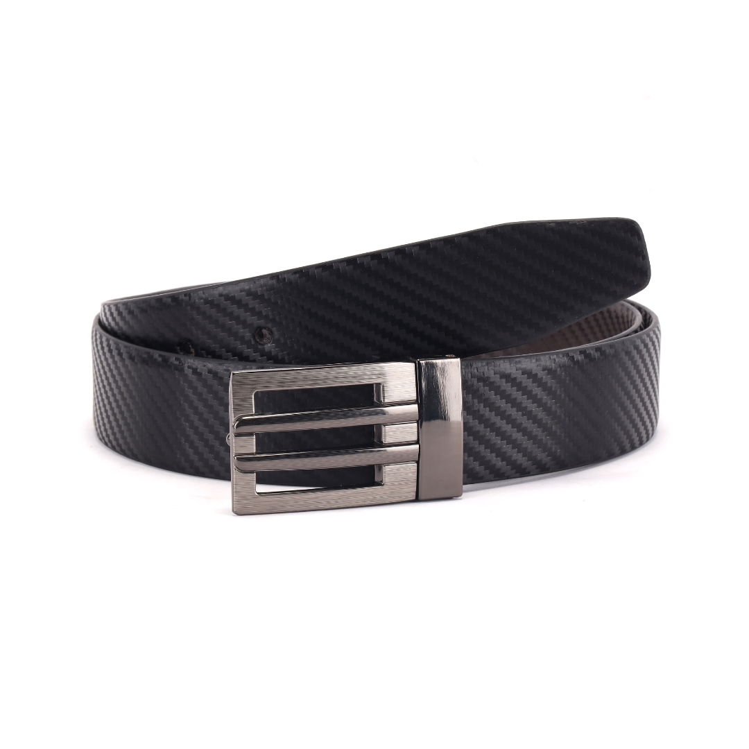 Ceinture réversible en cuir pour homme avec boucle en métal élégante | Ceinture à imprimé géométrique noir et marron pour tous les jours