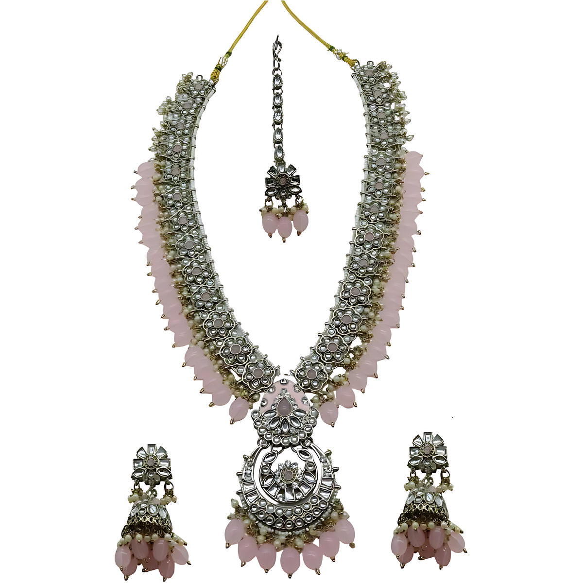 Long Necklace Set, Pink Beads - Traditional Indian Wedding Jewelry Earrings & Tikka, Traditional Indian Wedding Jewelry (Set of 2)