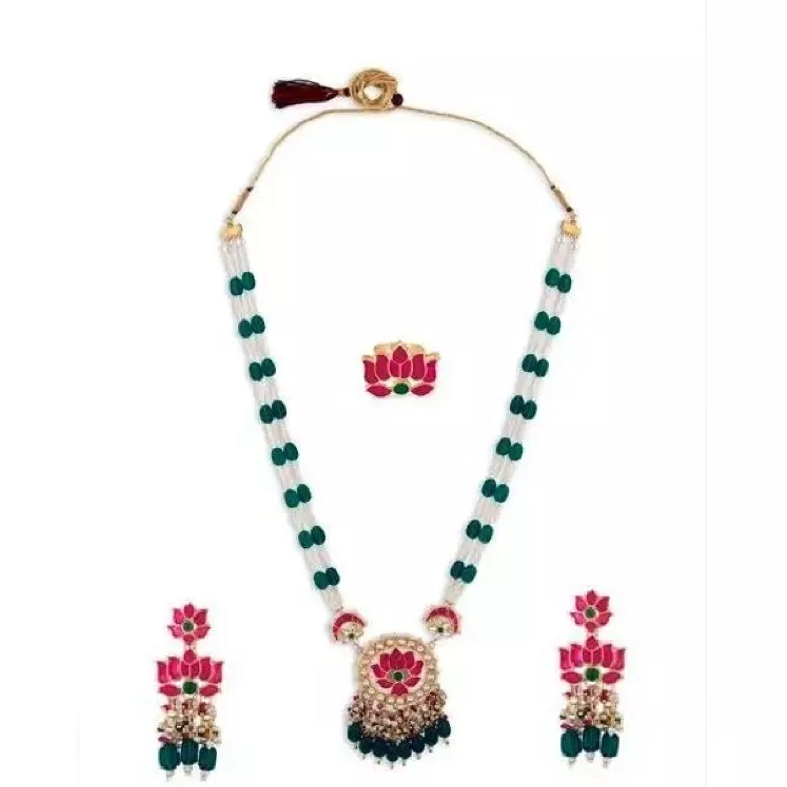 Elegant Lotus-Inspired Green and Pink Beaded Necklace and Earring Set, Traditional Indian Wedding Jewelry (Set of 2)