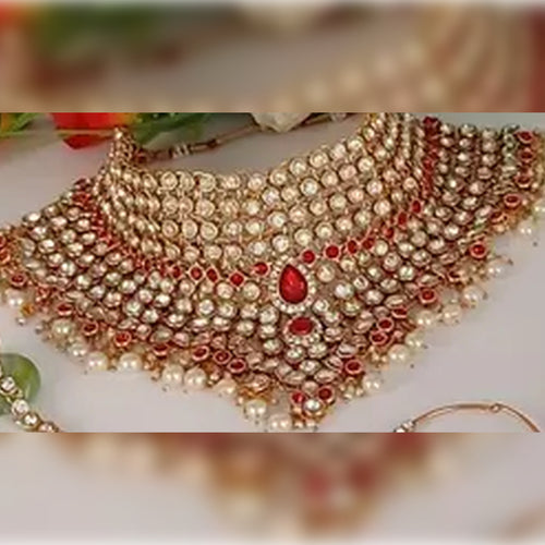 Red Kundan Bridal Jewelry Set, Pearl Drops - Complete Wedding Collection, Choker, Earrings, Mathapatti & Hand Chain, Traditional Indian Wedding Jewelry (Set of 2)