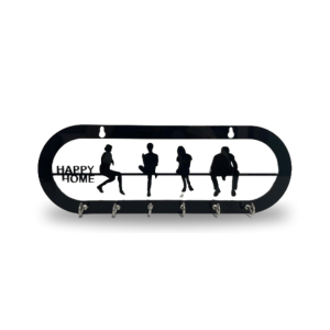 Black metal key holder for wall mounting with "Happy Home" inscription and silhouette cutouts of people sitting on a bench.