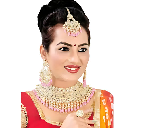 Opulent Bridal Kundan Choker Set, Pink Beads and Matching Earrings & Maang Tikka, Traditional Indian Wedding Jewelry, Festival Look (Set of 2)