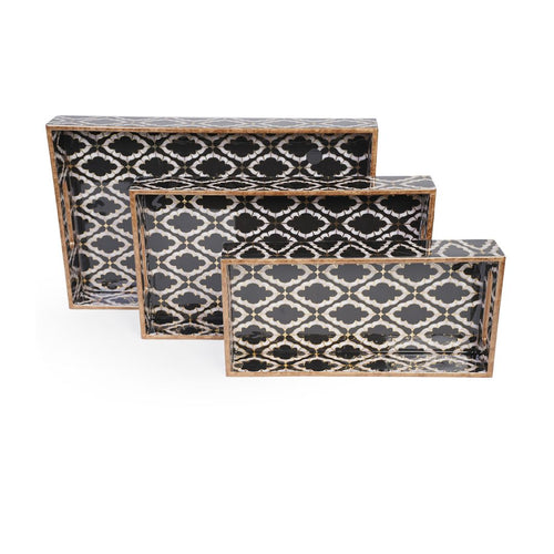 Decorative Nesting Trays with Handles, Wooden Tray for Coffee Table, Multicolor decorative trays, Rectangular design, Serving trays for snacks (Black & White - Set of 3)