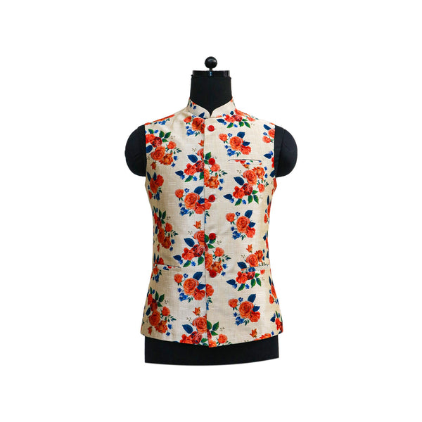 Floral Printed Nehru Jacket with Mandarin Collar | Ethnic Sleeveless Waistcoat for Special Occasions