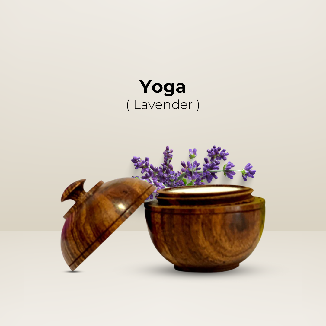 Wooden jar of "Yoga" natural solid body wax perfume, scented with lavender.