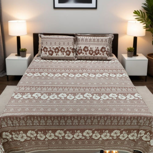 Floral Print, 250 TC 100% Cotton Flat King Size Bedsheet (108 x 108inches) (275 x 275cm) with 2 Large Pillow Covers, Brown