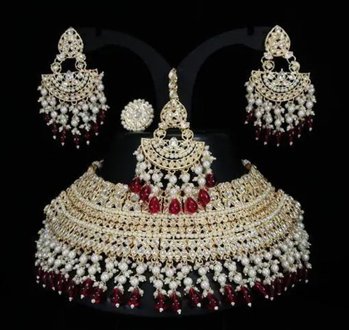 Opulent Bridal Kundan Choker Set, Wine Beads and Matching Earrings & Maang Tikka, Traditional Indian Wedding Jewelry (Set of 2)