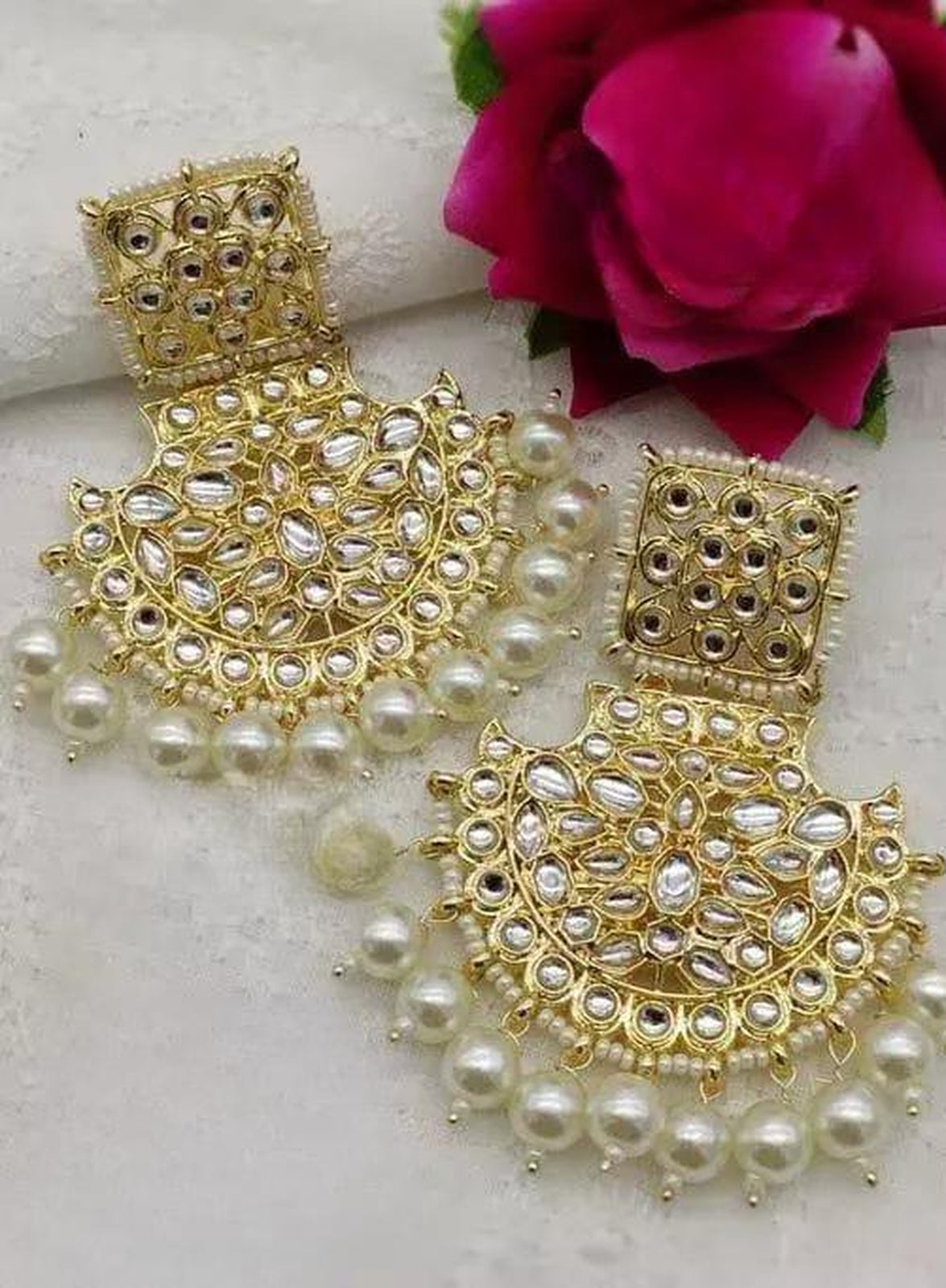 Exquisite Kundan Chandbali Earrings, Pearl Drops - Bridal Jewelry Set, Traditional Indian Wedding Jewelry (Set of 1)