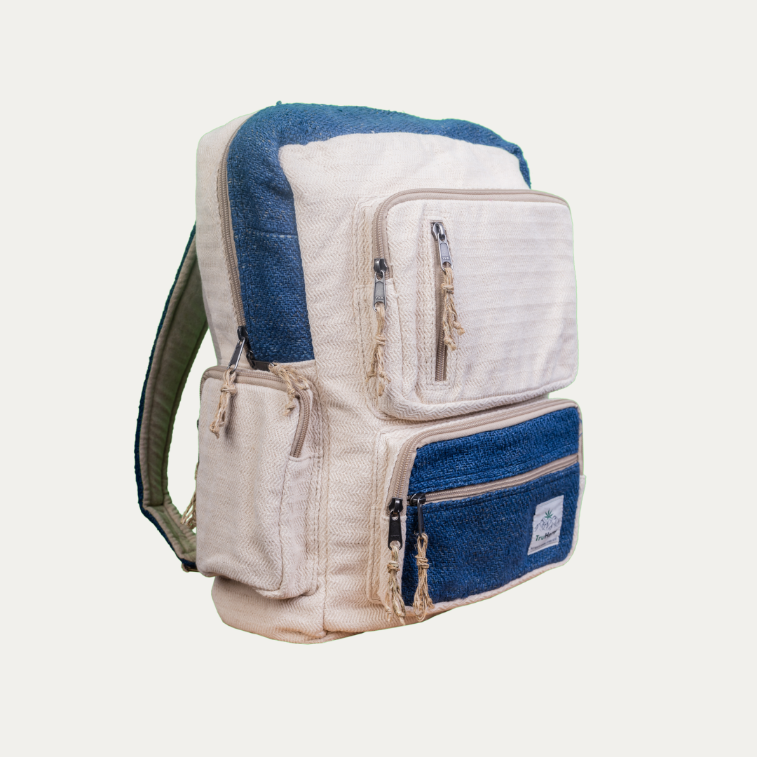 Handmade hemp backpack with multiple pockets in a natural beige and blue design.