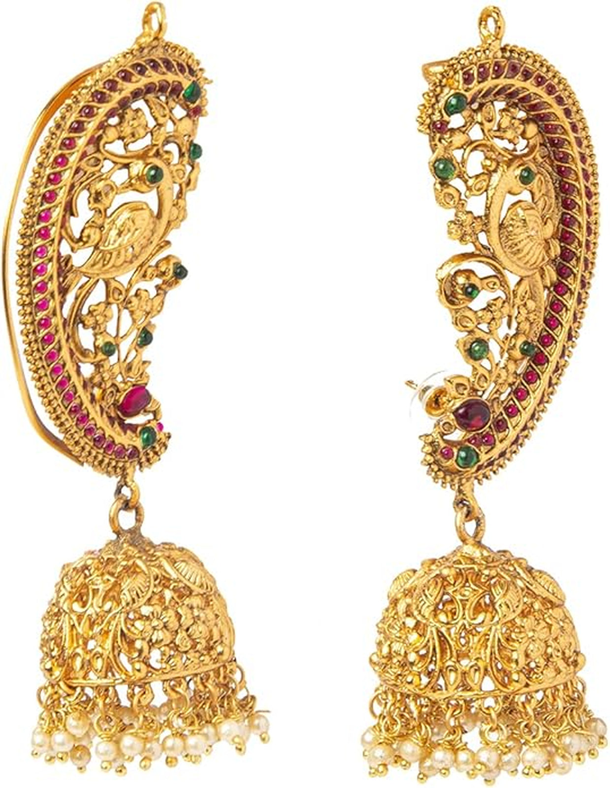 Exquisite Gold-Plated Peacock Jhumka Earrings, Ruby and Emerald Accents, Traditional Wedding Earrings (Set of 1)