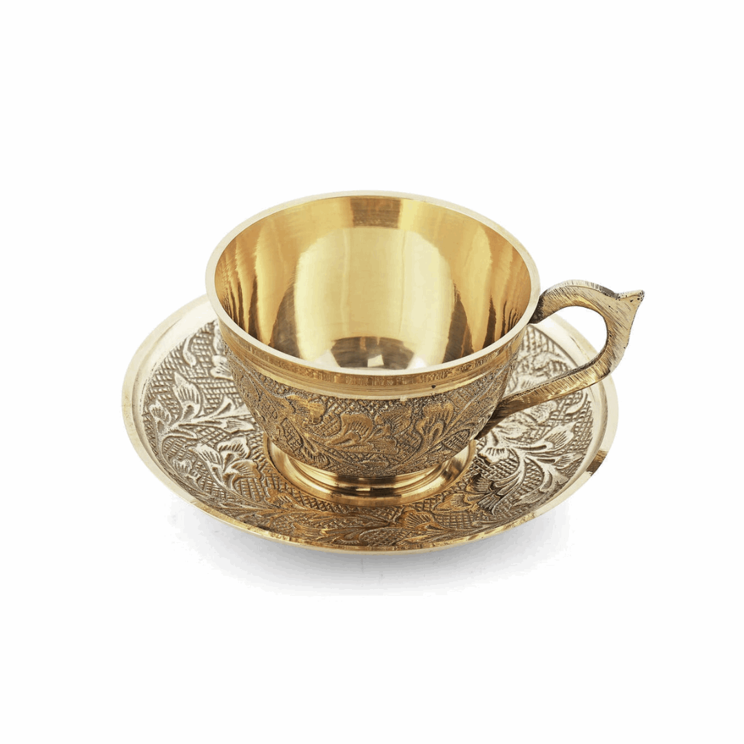 Brass Tea Cup and Saucer Set with Royal Finish | Handcrafted Brass Coffee Cups for Kitchen (Set of 6)