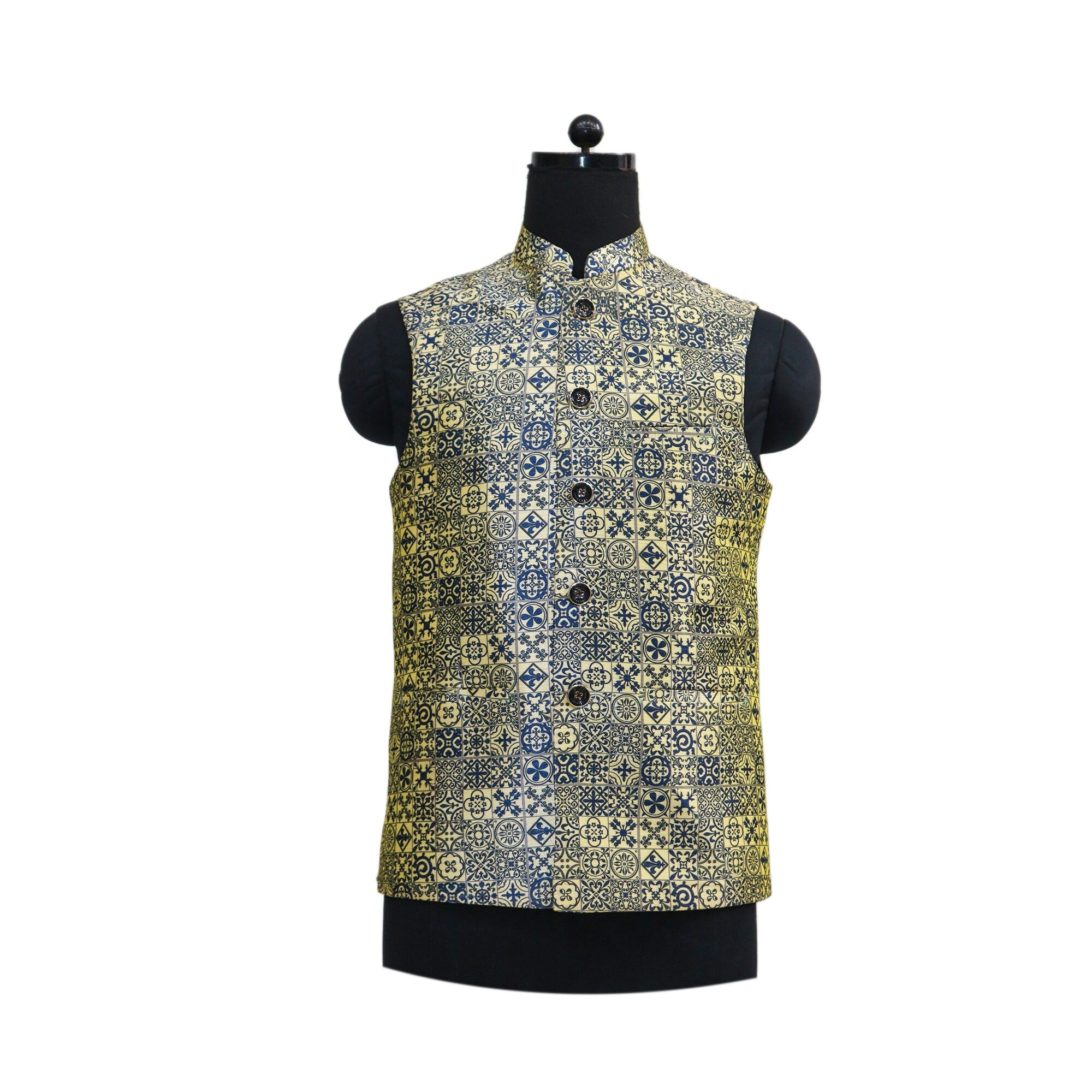 Handmade vintage geometric Nehru jacket in yellow with a repeating blue pattern, perfect for parties or themed events.