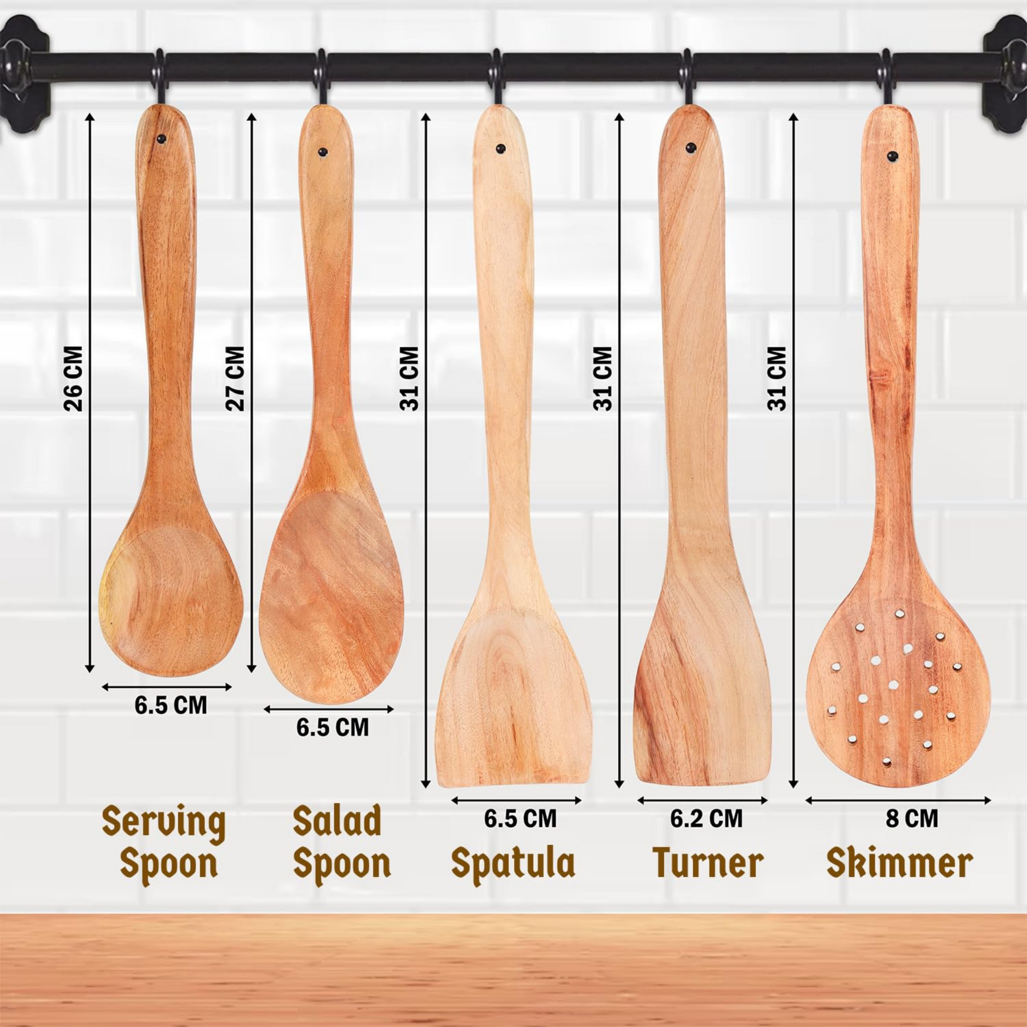 Wooden Spatula Set with Heat-Resistant Design | Natural Wood Cooking Utensils with Scratch-Free Surface and Built-in Hanging Holes | Set of 5