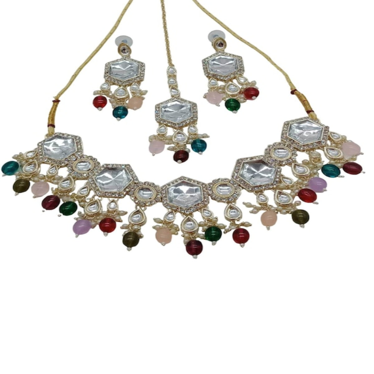 Elegant Kundan-Style Multi and White Necklace, Earrings, and Tikka Set, Traditional Indian Wedding Jewelry (Set of 2)