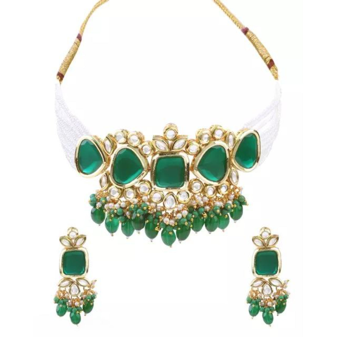 Elegant Green and Gold Indian Kundan Choker Necklace and Earring Set, Traditional Indian Wedding Jewelry (Set of 2)