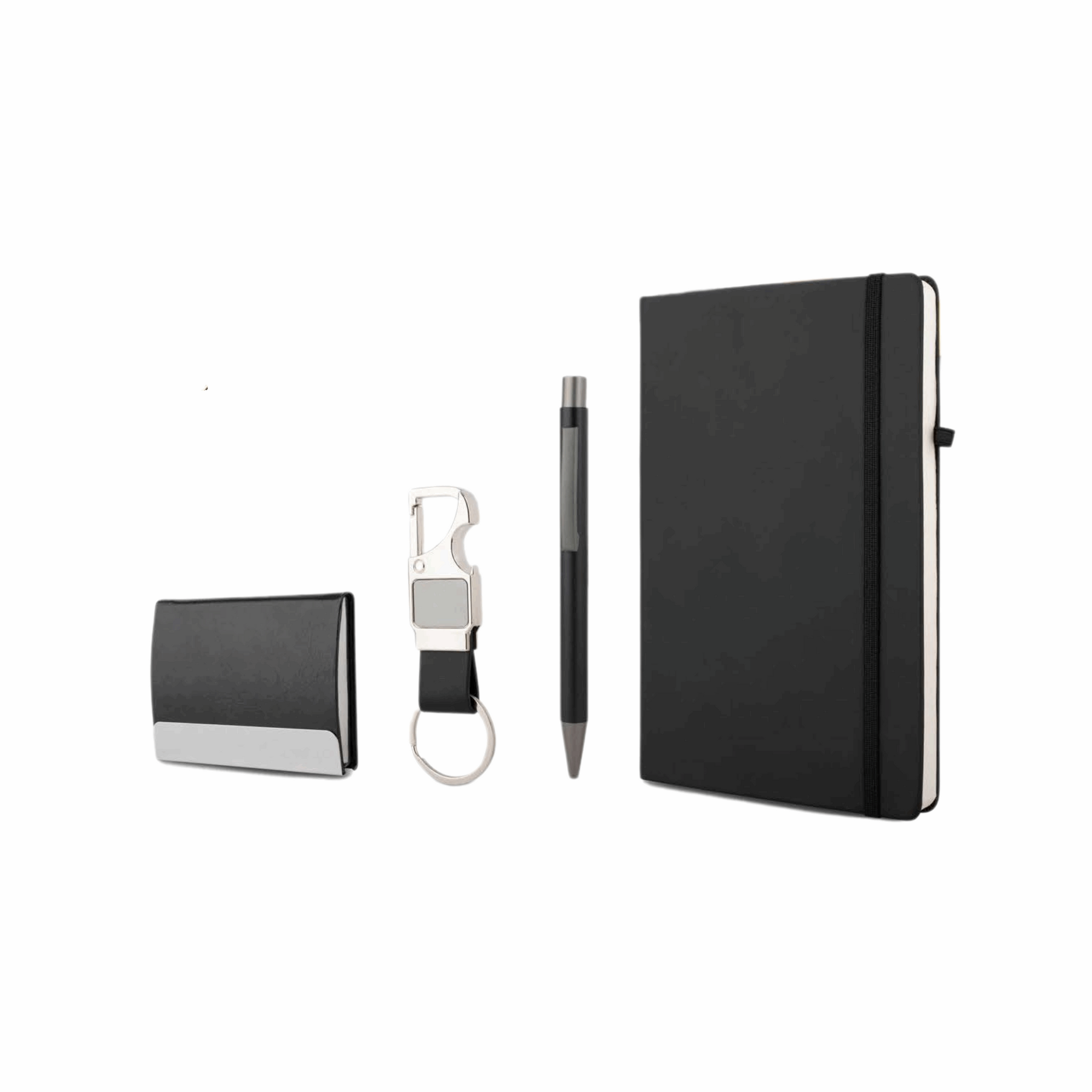 Charm Corporate Gift Set with A5 Journal Notebook, Premium Metal Pen, Card Holder & Metal Keychain |  4-in-1 Customizable Gift Set for Executives, Travelers & Special Occasions (Black, 192 Pages)