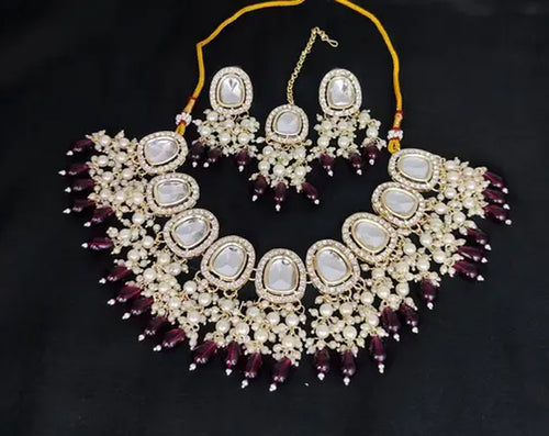 Kundan Choker Necklace Set, Maroon Beads and Pearls - Traditional Indian Wedding Jewelry, Traditional Indian Wedding Jewelry (Set of 2)