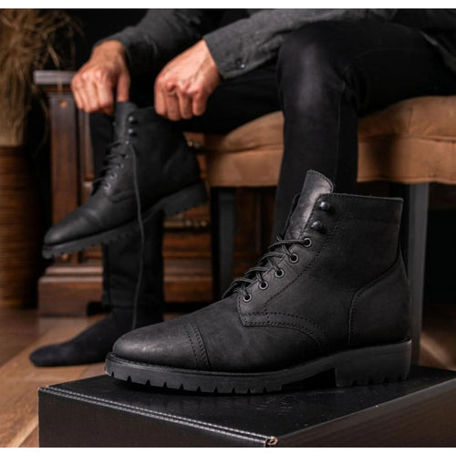 Rugged Matte Black Welt Boots, Handcrafted Detailing, Comfortable Fit, Goodyear Welted, Brogue Pattern, Lightweight Design, Hand-Finished Burnish