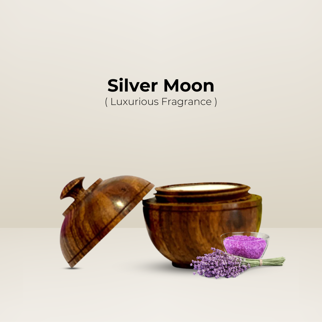 "Silver Moon Natural Solid Body Wax Perfume" in a luxurious wooden jar with fresh lavender, showcasing its captivating fragrance.