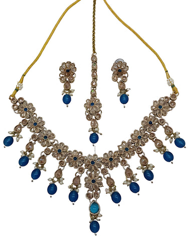 Exquisite Floral Kundan Necklace, Teal Drops and Matching Earrings, Traditional Indian Wedding Jewelry (Set of 2)