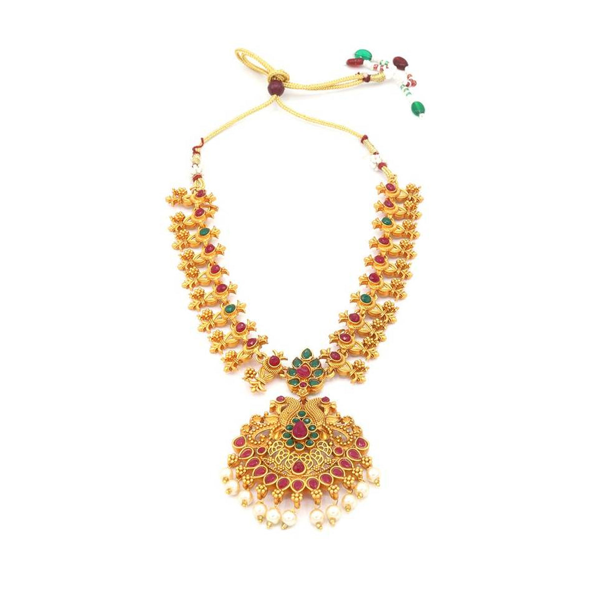 Traditional Gold-Plated Temple Jewelry Set, Peacock Design, Pearls & Red-Green Stones, Traditional Indian Wedding Jewelry (Set of 2)