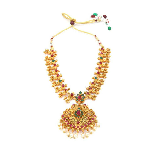 Traditional Gold-Plated Temple Jewelry Set, Peacock Design, Pearls & Red-Green Stones, Traditional Indian Wedding Jewelry (Set of 2)