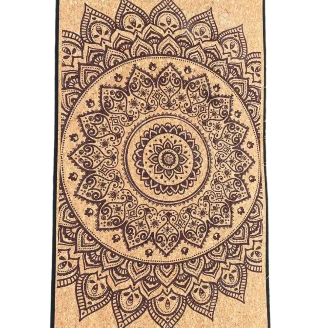 Eco-friendly cork yoga mat with a beautiful mandala design. This durable and anti-skid mat provides a stable surface for your practice.