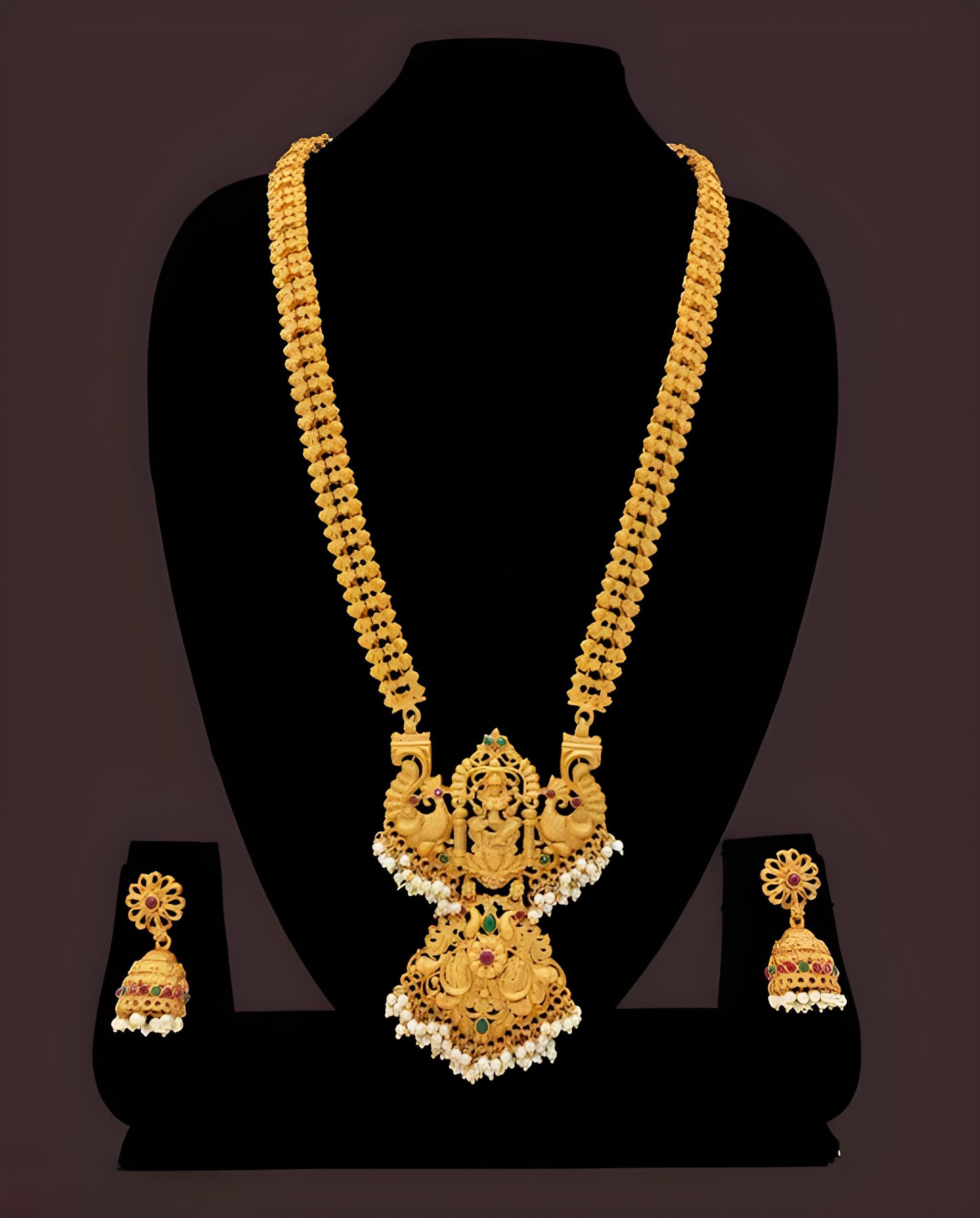 Exquisite  Gold Plated Goddess Pendant Necklace and Earring Set - Handcrafted Ethnic Jewelry, Traditional Indian Wedding Jewelry (Set of 2)