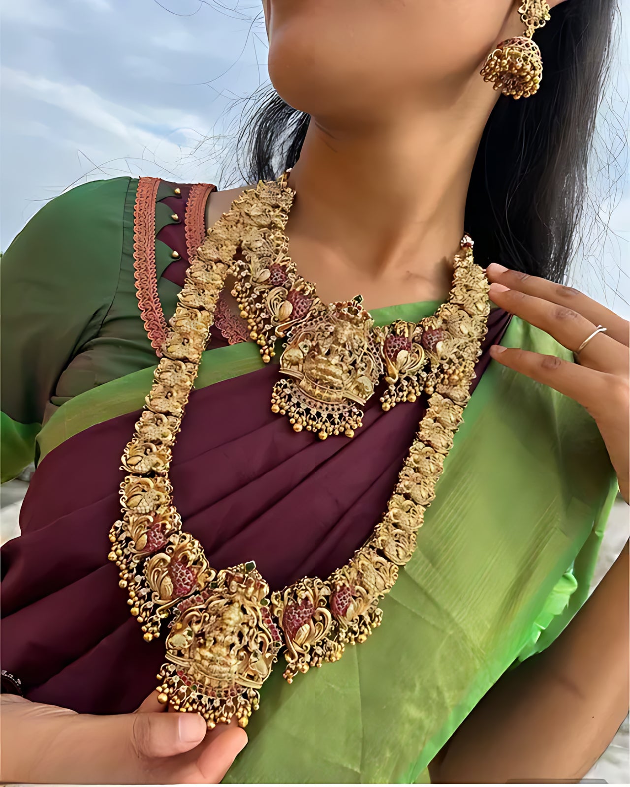 Traditional Temple Lakshmi Design Gold-Plated Bridal Necklace Set, Jhumka Earrings | South Indian Wedding Jewelry, Traditional Indian Wedding Jewelry (Set of 2)