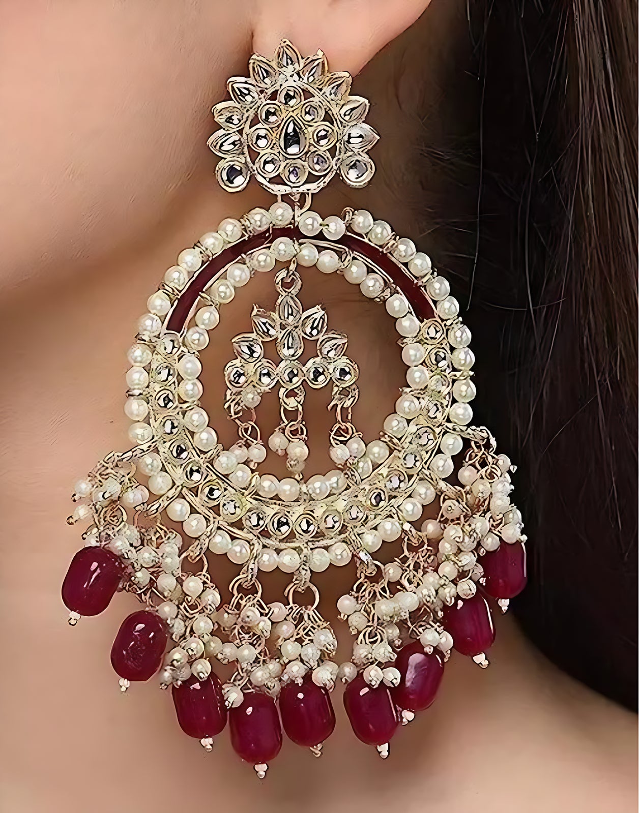 Luxury Kundan Pearl Chandbali Earrings, Ruby Drops  Traditional Wedding Statement Earrings, Traditional Indian Wedding Jewelry (Set of 1)