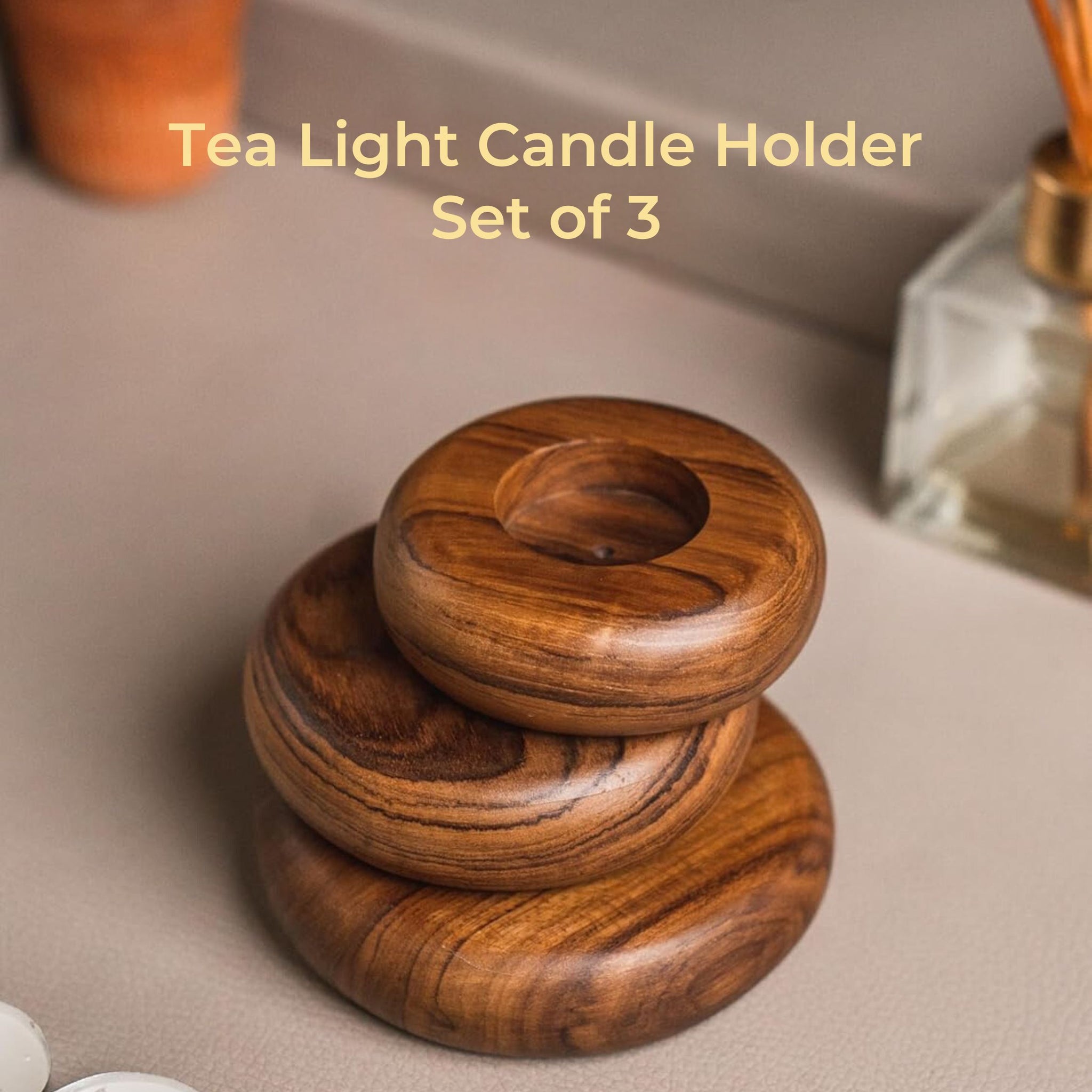 old trunk | Round Tealight Candle Stand(Set of 3) | for Home Decor | Natural Brown | Teak Wood