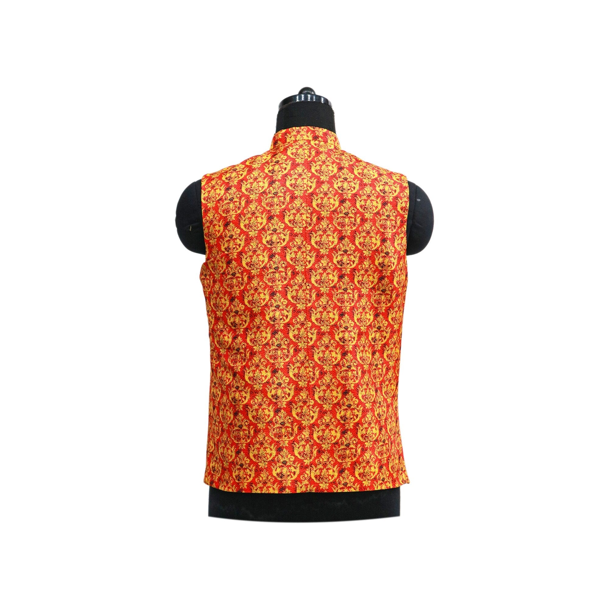 Red and gold vintage floral Nehru jacket, back view. This handmade Indian jacket is perfect for parties or special events.