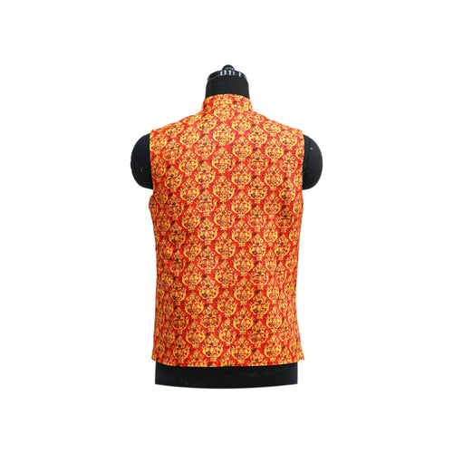 Red Nehru Jacket with Gold Floral Print | Regal Sleeveless Vest for Weddings & Festive Events