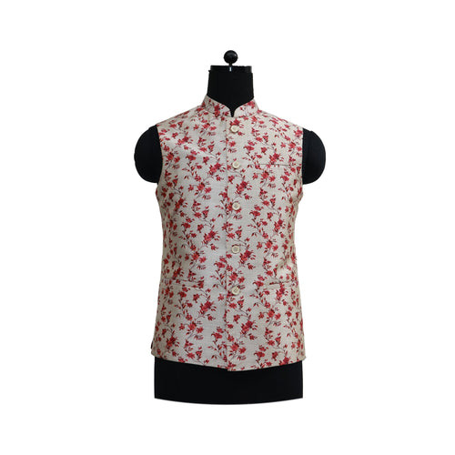 Ivory Nehru Jacket with Red Floral Print | Mandarin Collar Waist for Special Occasions