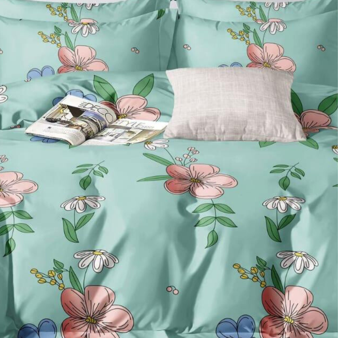 Light Green Floral Pattern Bed Sheet Set with 2 Pillow Covers | Queen Size Fitted Polyester Bedding