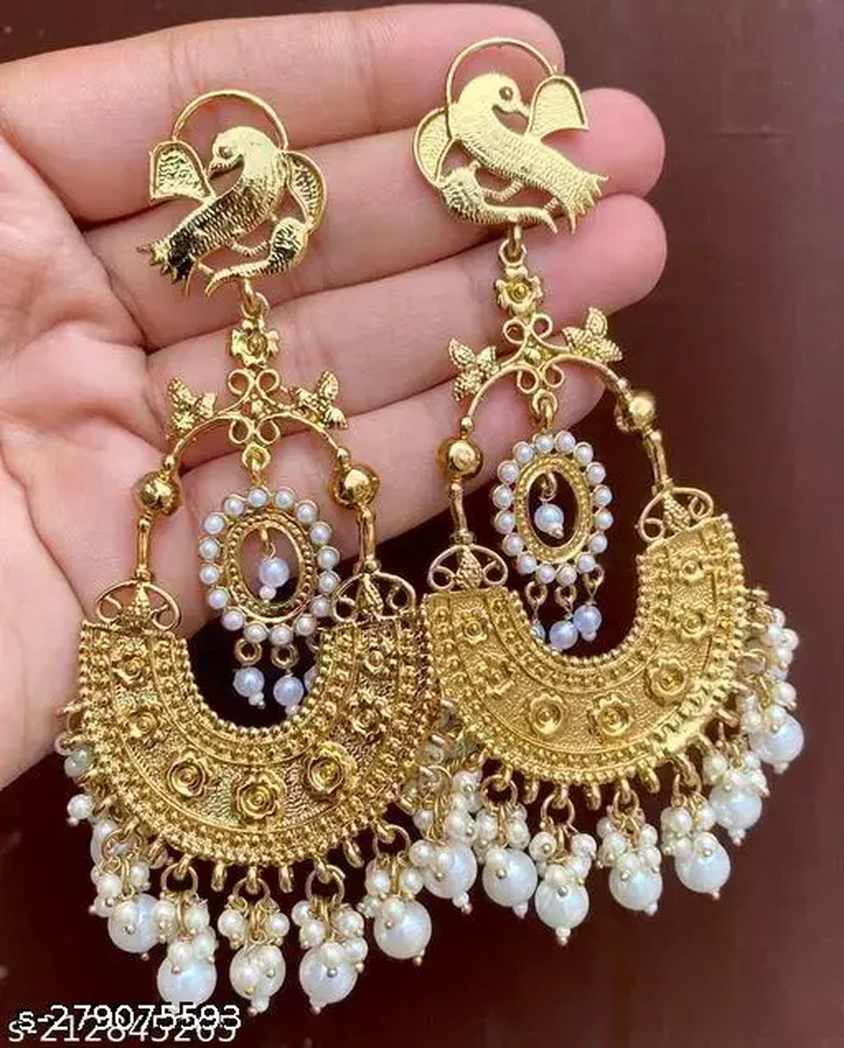 Traditional Gold-Plated Chandbali Earrings, Bird Motif and Pearl Drops – Perfect for Weddings & Festive Occasions, Traditional Indian Wedding Jewelry (Set of 1)