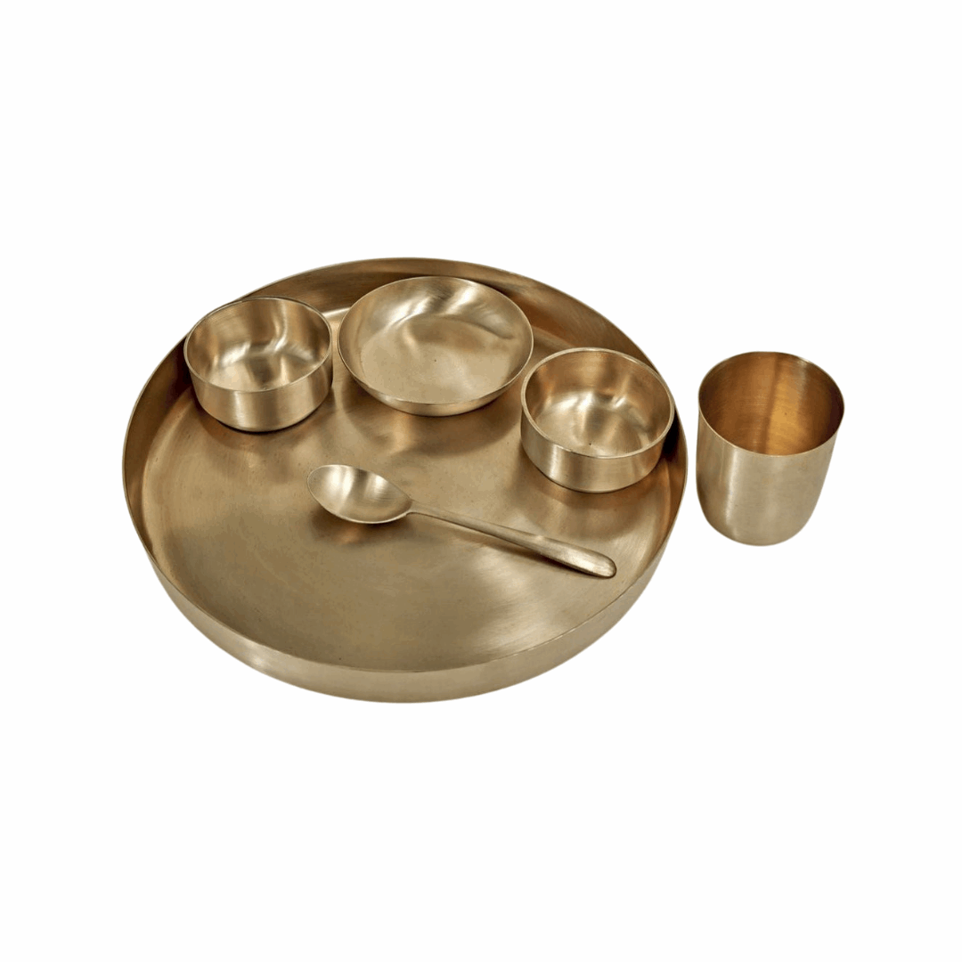 Bronze Dinner Set (6 Pcs) | Handcrafted Bronze Dinnerware - 12 Inch Plate, Glass, Spoon, and 3 Bowls