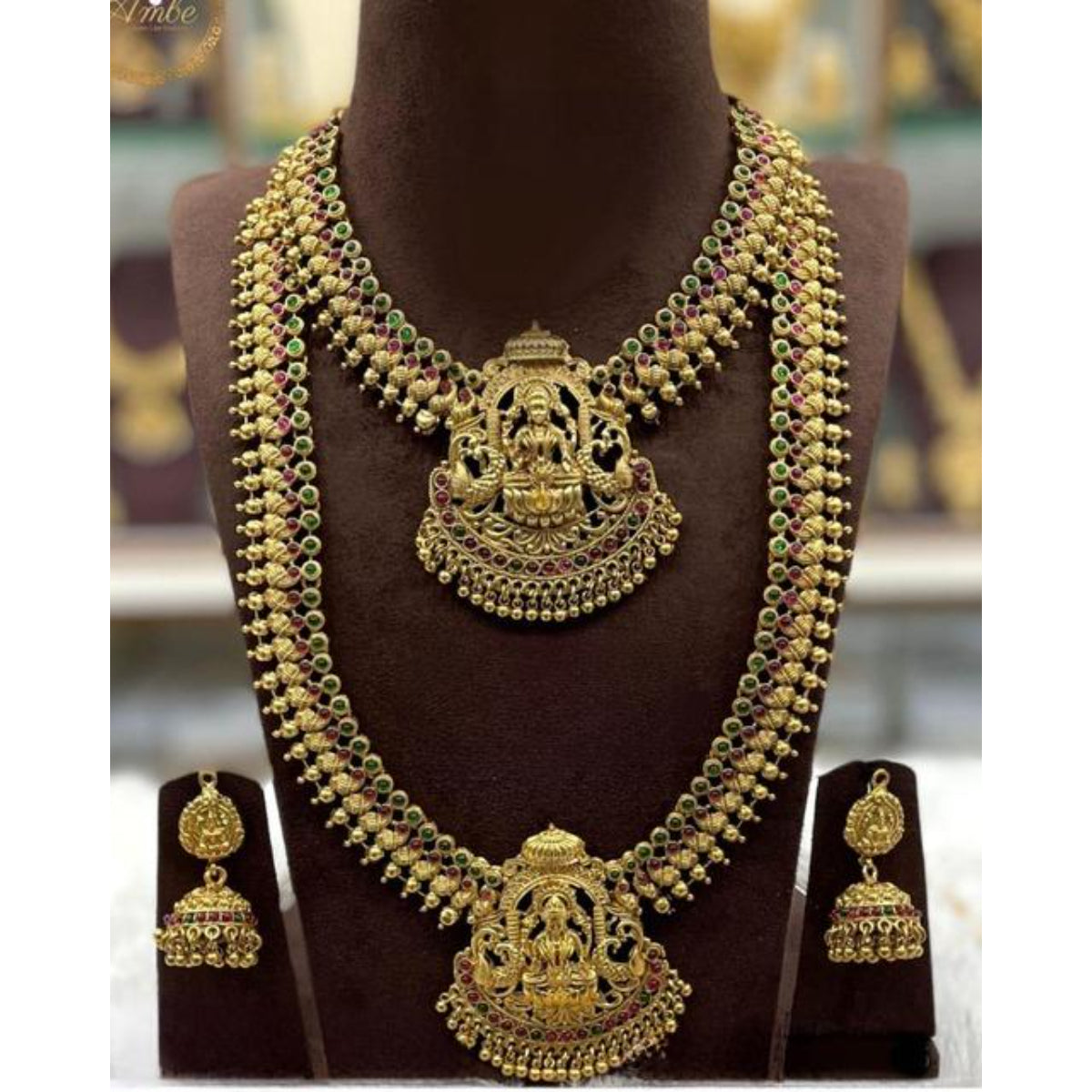 Exquisite Gold-Plated Lakshmi Temple Jewelry Set - Necklace, Long Chain, and Jhumka Earrings, Traditional Indian Wedding Jewelry (Set of 2)