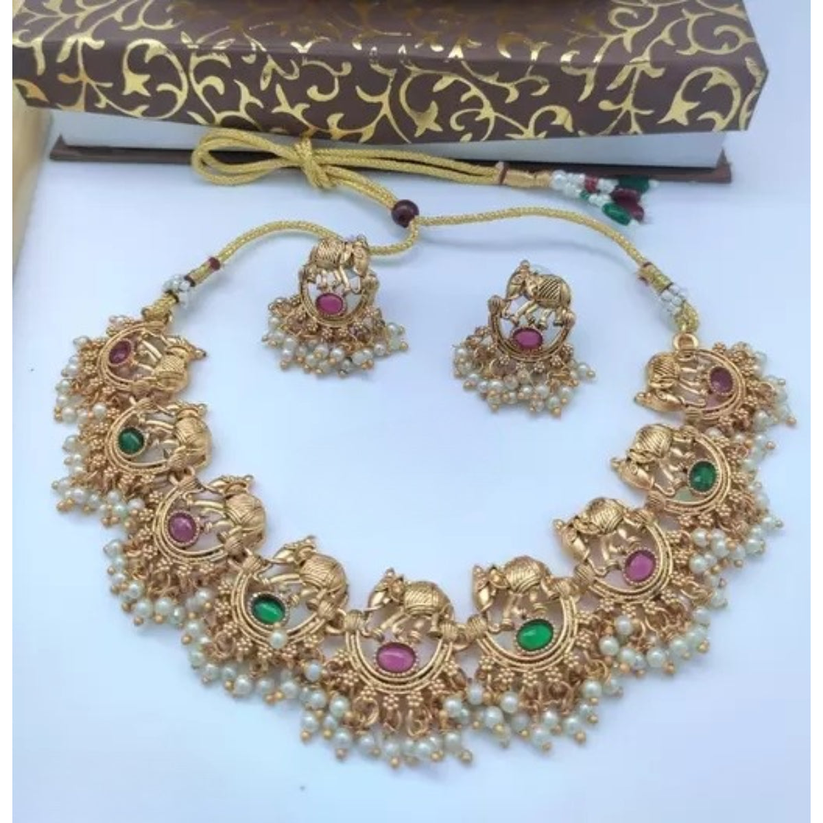 Exquisite Elephant Motif Gold Necklace Set, Pearl Accents - Traditional Indian Jewelry, Traditional Indian Wedding Jewelry (Set of 2)