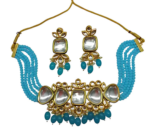 Kundan Turoquise Beaded Necklace Set - Traditional Multi-Strand Jewelry, Turquoise Beads and Mirror Work, Traditional Indian Wedding Jewelry (Set of 2)