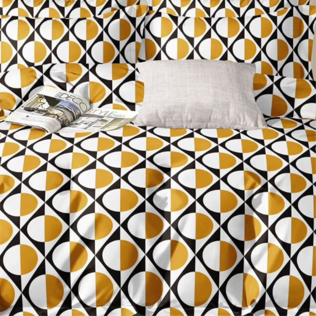 Yellow Geometric Queen Size Polyester Bed Sheet with 2 Pillow Covers | 3-Piece Fitted Bedding with Bold Block Pattern