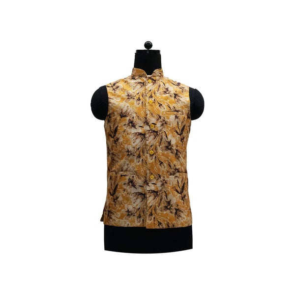 Mustard Nehru Jacket with Brown and Beige Floral Print | Stylish Sleeveless Vest for Weddings & Festive Events