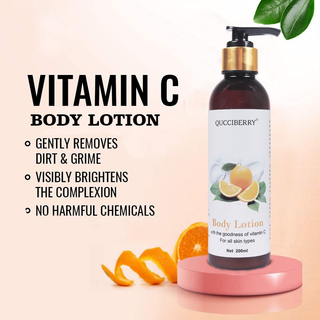 Qucciberry Vitamin C Body Lotion – Nourishes, Hydrates, Brightens Skin, Evens Skin Tone, Free of Sulphates & Parabens, Natural Ingredients