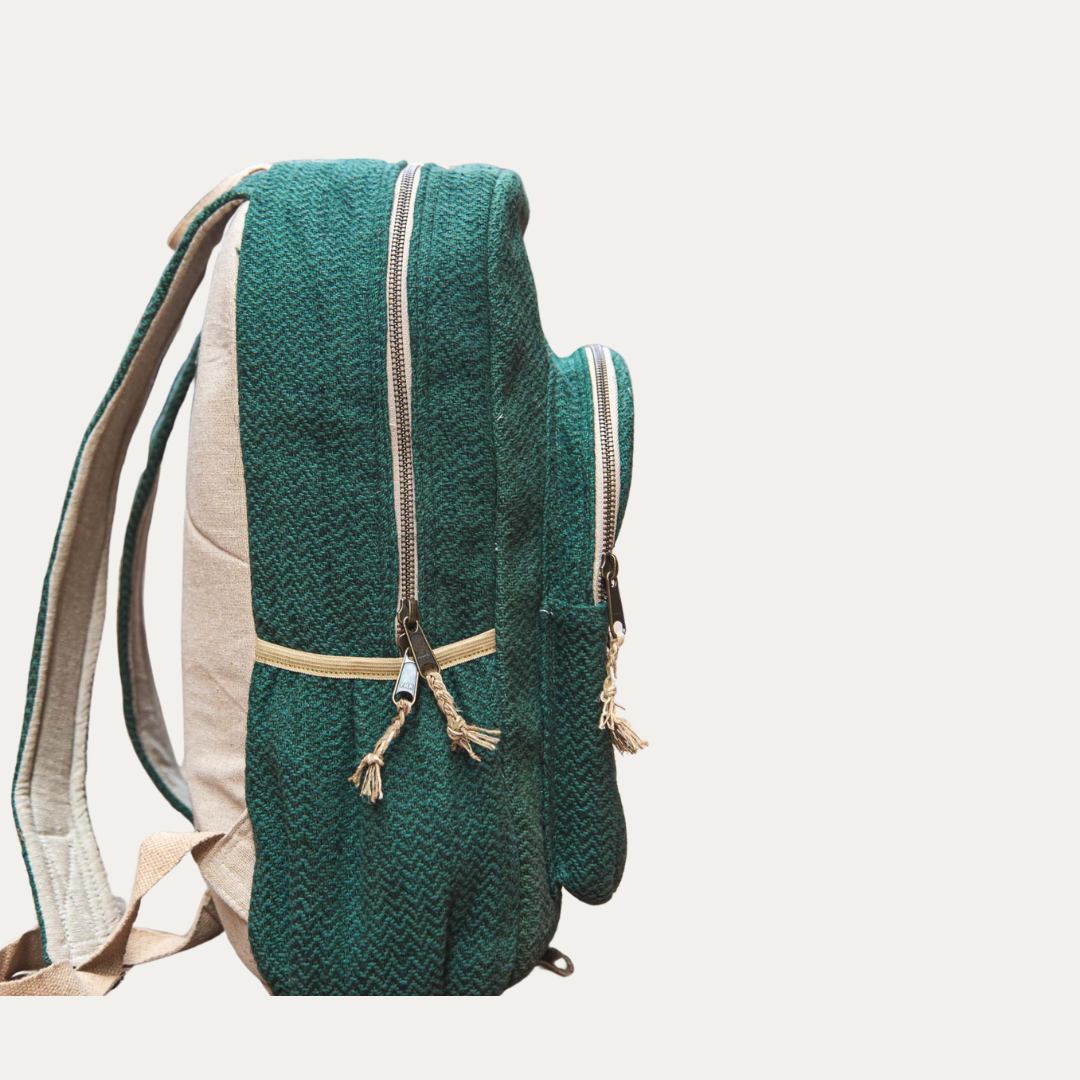 Stylish, eco-friendly hemp backpack in green with multiple zippered compartments. Perfect for the environmentally conscious individual.