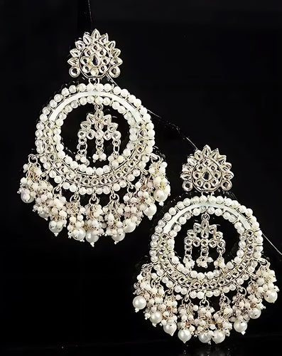 Pearl Chandelier Earrings, Traditional Indian Kundan Style Statement Jewelry for Wedding & Festive Wear, Traditional Indian Wedding Jewelry (Set of 1)