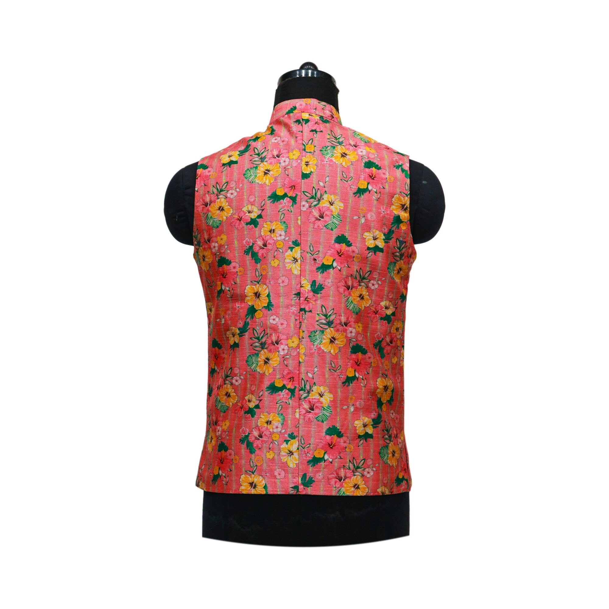 Pink floral Nehru jacket, back view, shown on a mannequin.