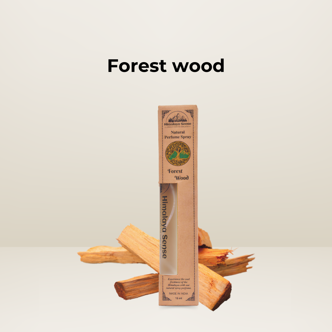 Himalaya Sense Unisex Forest Wood natural perfume spray, shown with wood pieces, for an earthy, refreshing scent.